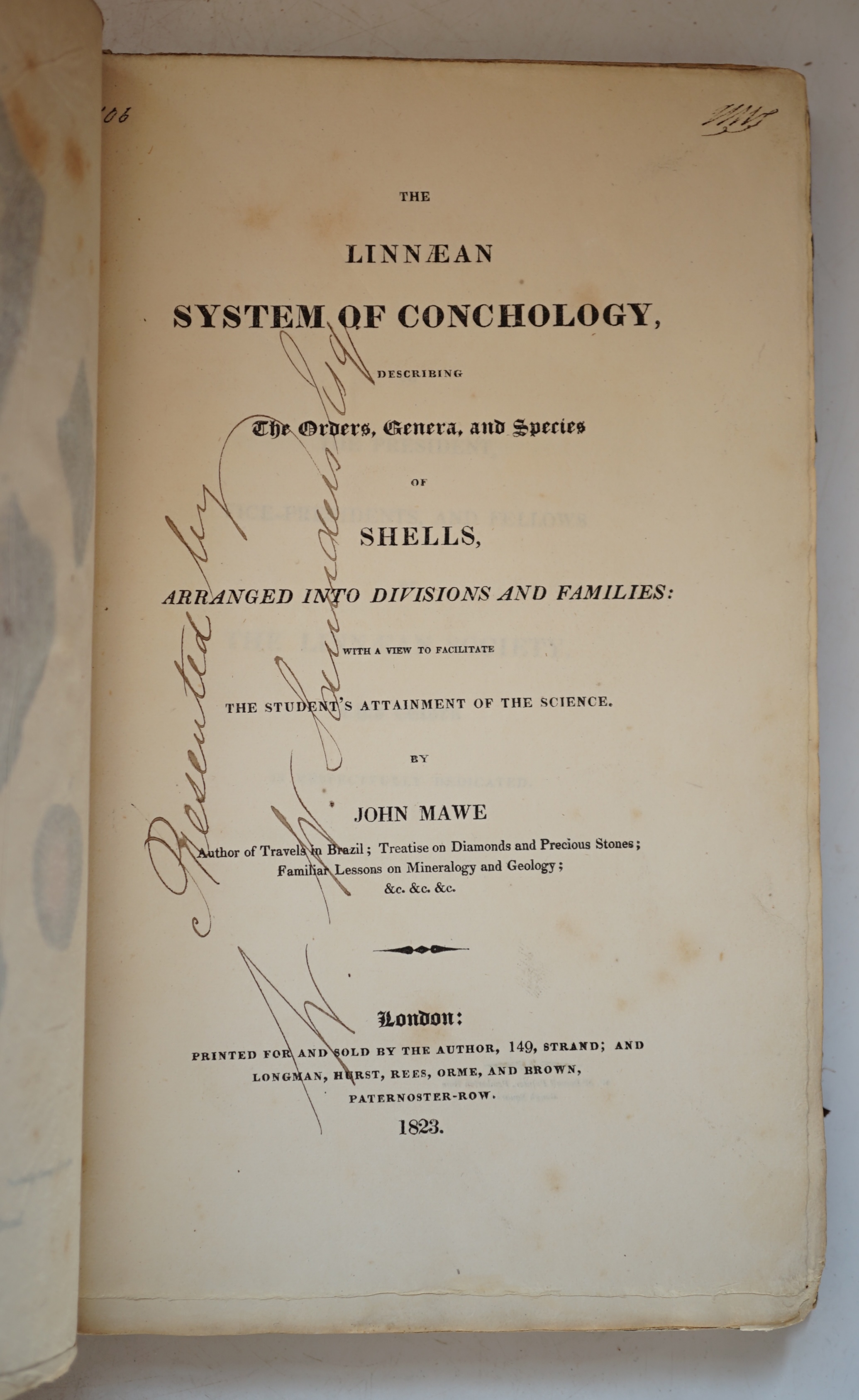 Conchology.- Mawe, John - The Linnæan System of Conchology, 1st edition, 8vo, paper cover boards, rebacked and re-labelled, hand-coloured frontispiece and 36 lithographs, contemporary ink presentation inscription to titl